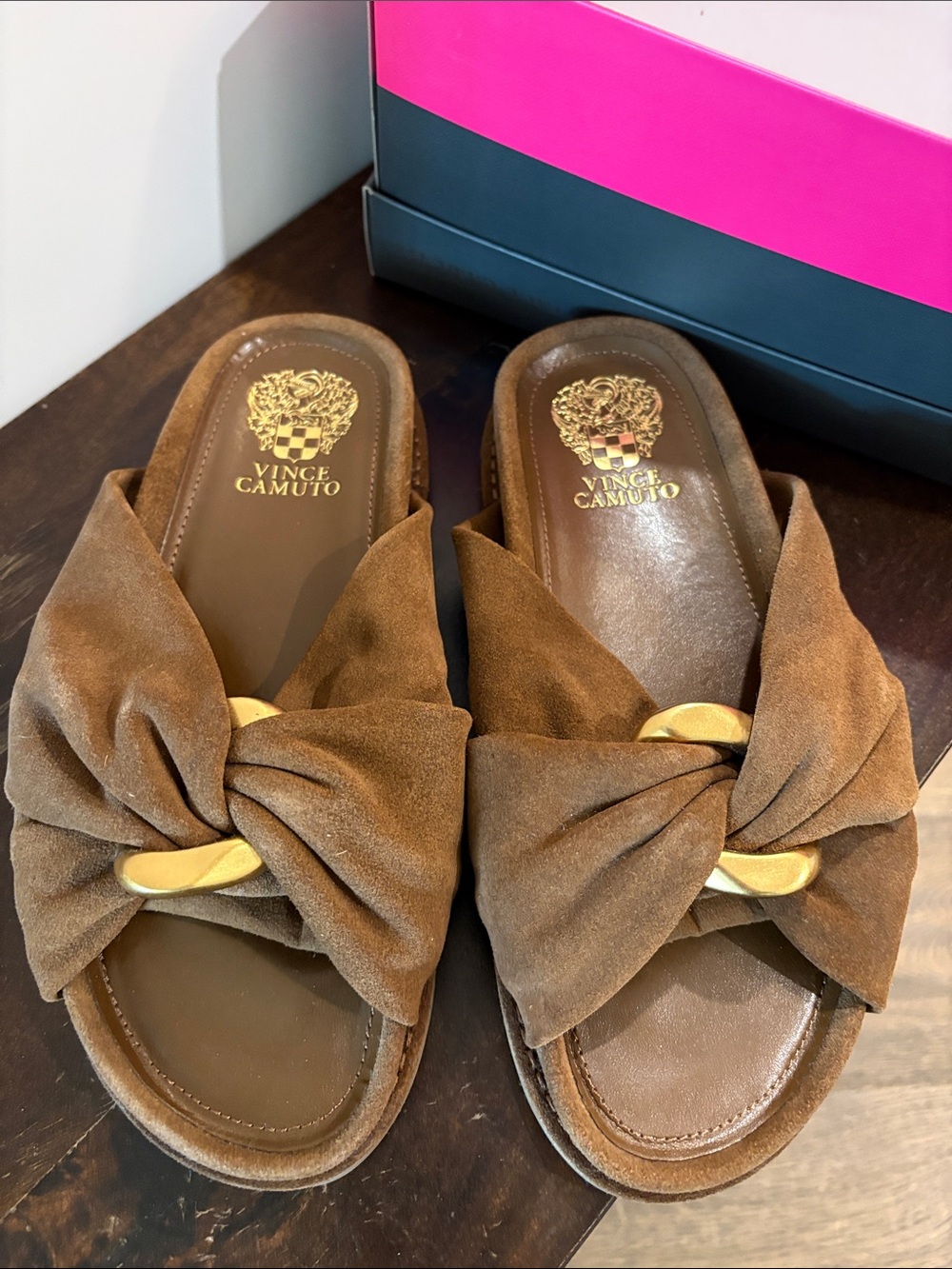 Vince Camuto Brown Suede Knot Slide Mules with Gold Accent
